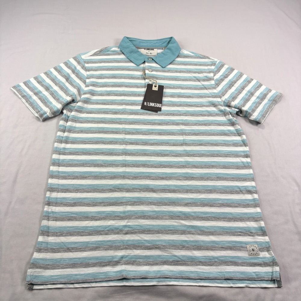 Linksoul Shirt Mens S Blue Gray Striped Polo Short Sleeve Golf Casual Cotton NEW